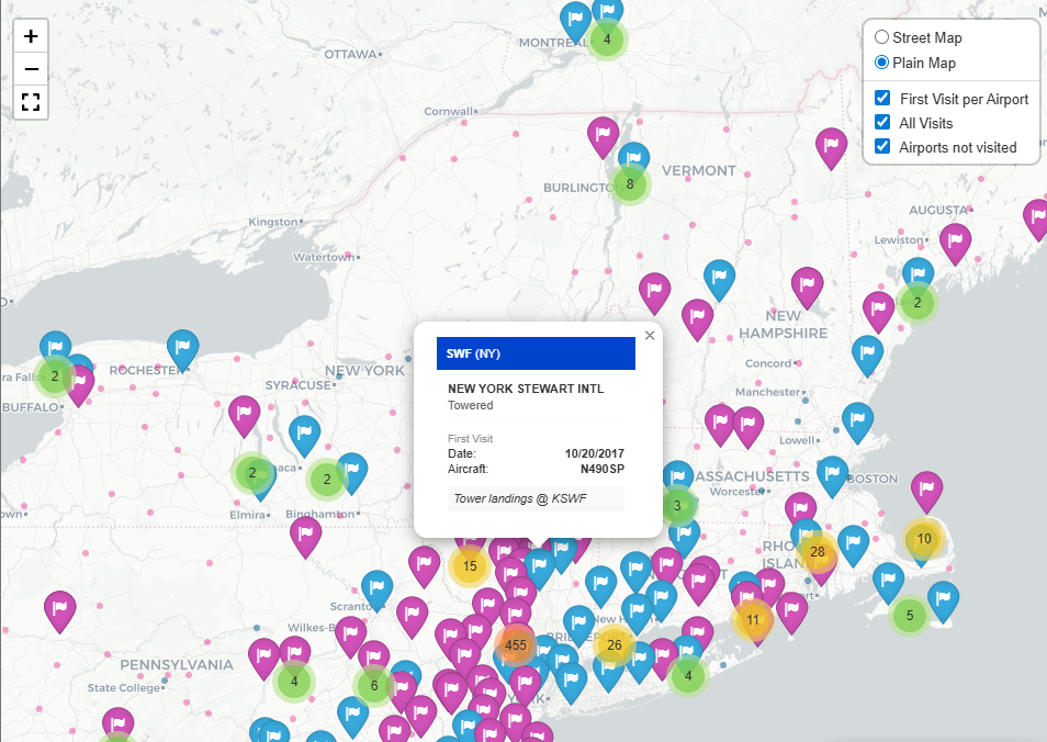 Example MyAirportMap map showing visited airports across the Northeast